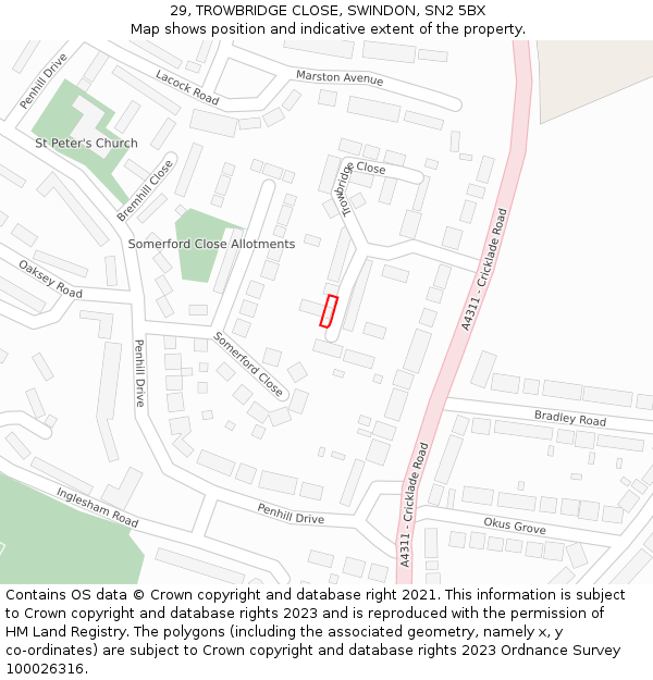 29, TROWBRIDGE CLOSE, SWINDON, SN2 5BX: Location map and indicative extent of plot