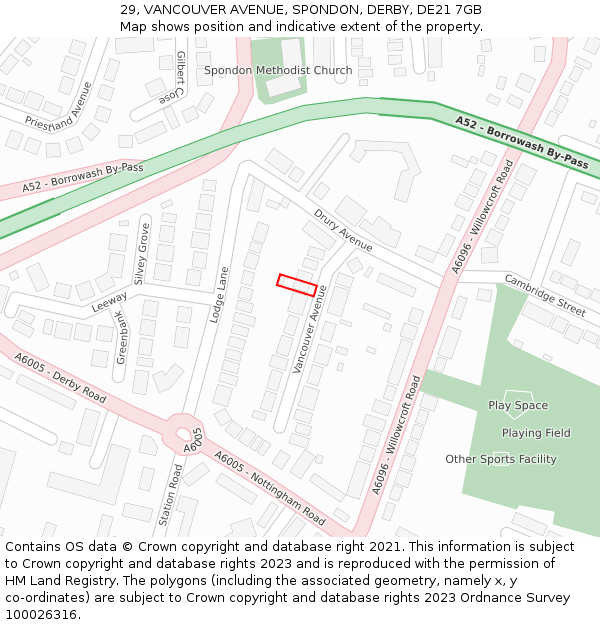 29, VANCOUVER AVENUE, SPONDON, DERBY, DE21 7GB: Location map and indicative extent of plot