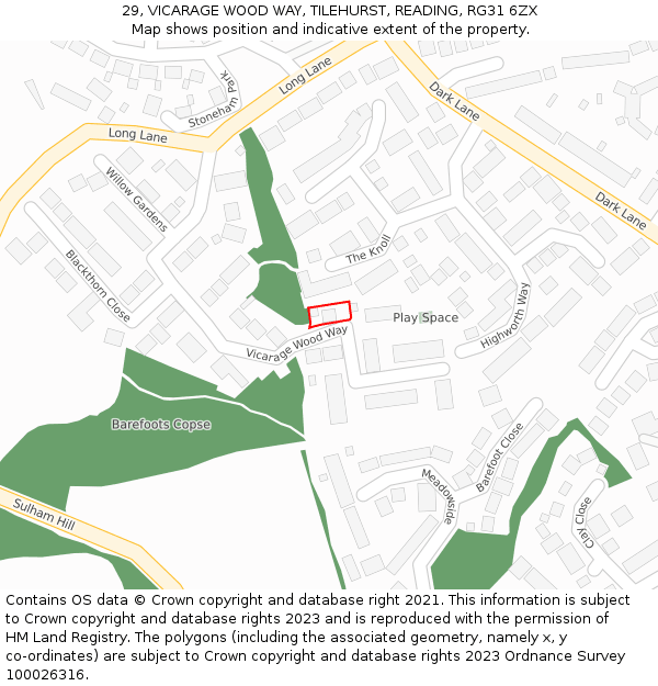 29, VICARAGE WOOD WAY, TILEHURST, READING, RG31 6ZX: Location map and indicative extent of plot