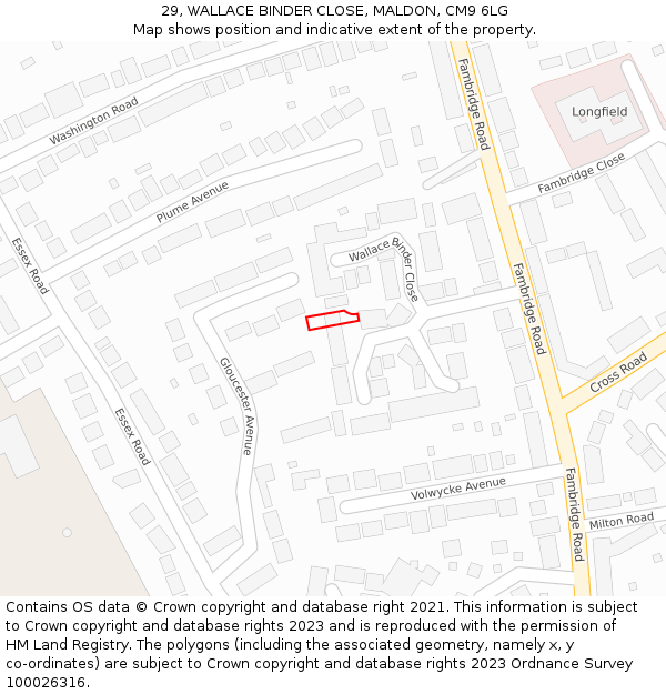 29, WALLACE BINDER CLOSE, MALDON, CM9 6LG: Location map and indicative extent of plot