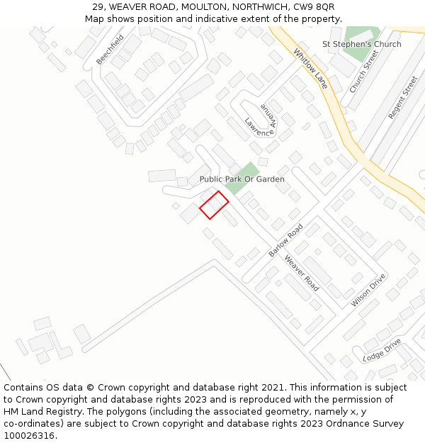 29, WEAVER ROAD, MOULTON, NORTHWICH, CW9 8QR: Location map and indicative extent of plot