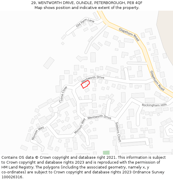 29, WENTWORTH DRIVE, OUNDLE, PETERBOROUGH, PE8 4QF: Location map and indicative extent of plot