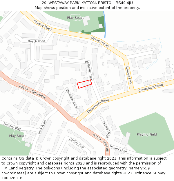 29, WESTAWAY PARK, YATTON, BRISTOL, BS49 4JU: Location map and indicative extent of plot