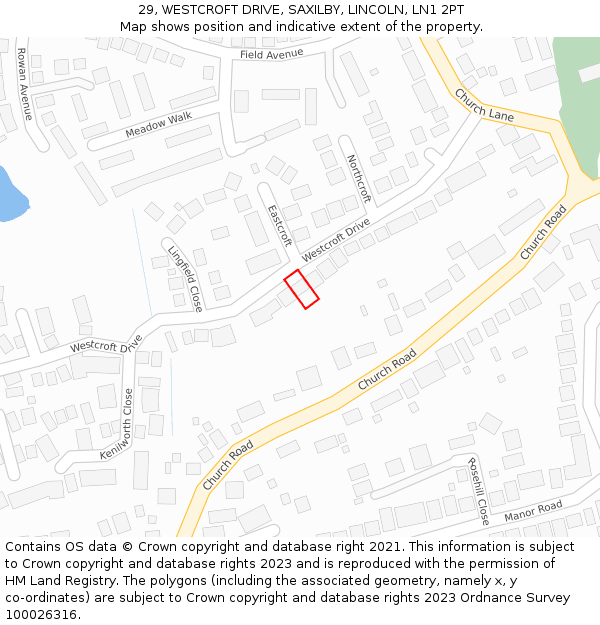 29, WESTCROFT DRIVE, SAXILBY, LINCOLN, LN1 2PT: Location map and indicative extent of plot