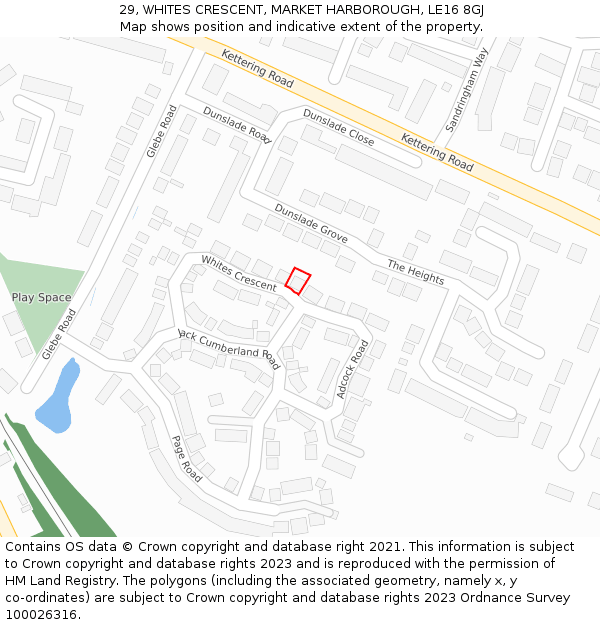 29, WHITES CRESCENT, MARKET HARBOROUGH, LE16 8GJ: Location map and indicative extent of plot