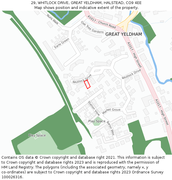 29, WHITLOCK DRIVE, GREAT YELDHAM, HALSTEAD, CO9 4EE: Location map and indicative extent of plot
