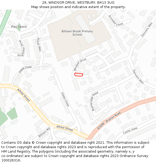 29, WINDSOR DRIVE, WESTBURY, BA13 3UG: Location map and indicative extent of plot