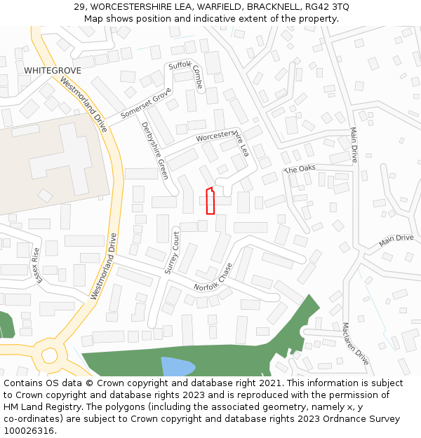 29, WORCESTERSHIRE LEA, WARFIELD, BRACKNELL, RG42 3TQ: Location map and indicative extent of plot