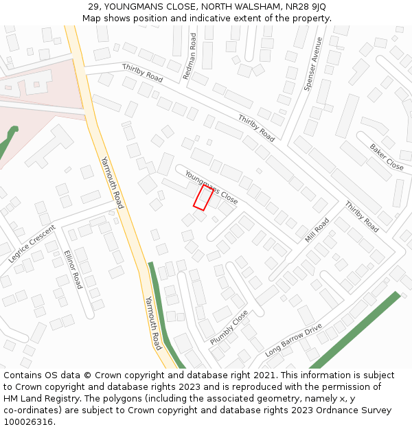 29, YOUNGMANS CLOSE, NORTH WALSHAM, NR28 9JQ: Location map and indicative extent of plot