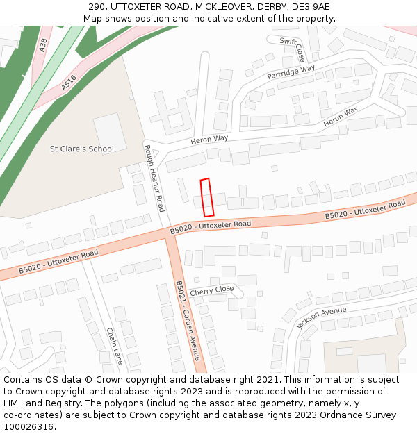 290, UTTOXETER ROAD, MICKLEOVER, DERBY, DE3 9AE: Location map and indicative extent of plot