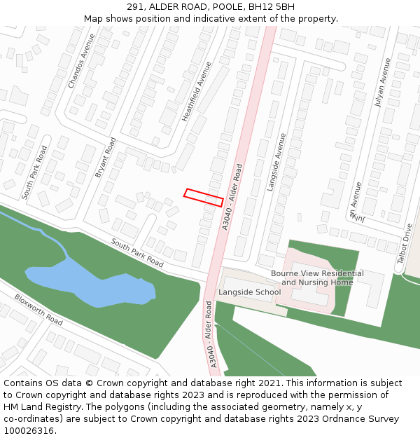 291, ALDER ROAD, POOLE, BH12 5BH: Location map and indicative extent of plot