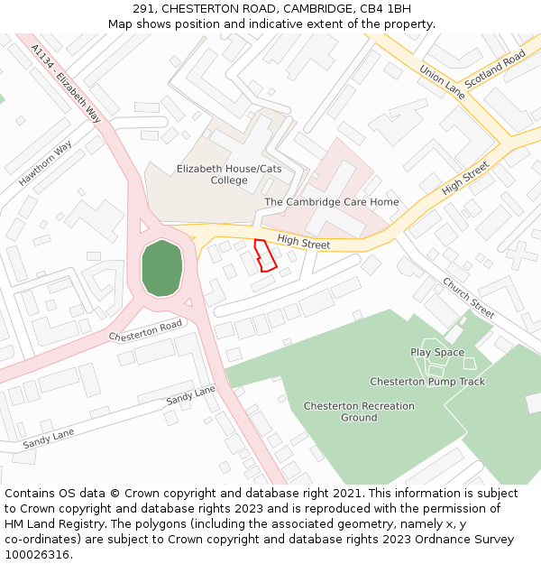 291, CHESTERTON ROAD, CAMBRIDGE, CB4 1BH: Location map and indicative extent of plot