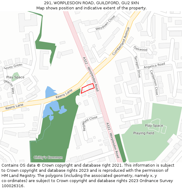 291, WORPLESDON ROAD, GUILDFORD, GU2 9XN: Location map and indicative extent of plot