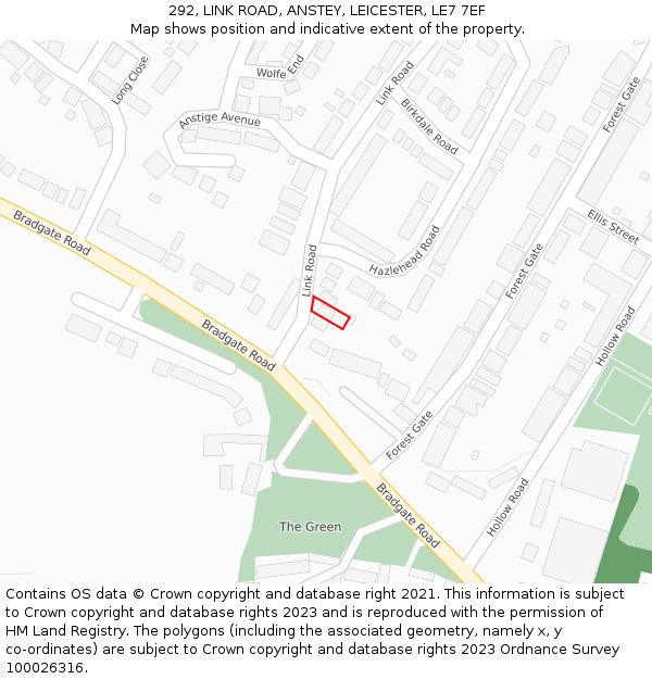 292, LINK ROAD, ANSTEY, LEICESTER, LE7 7EF: Location map and indicative extent of plot