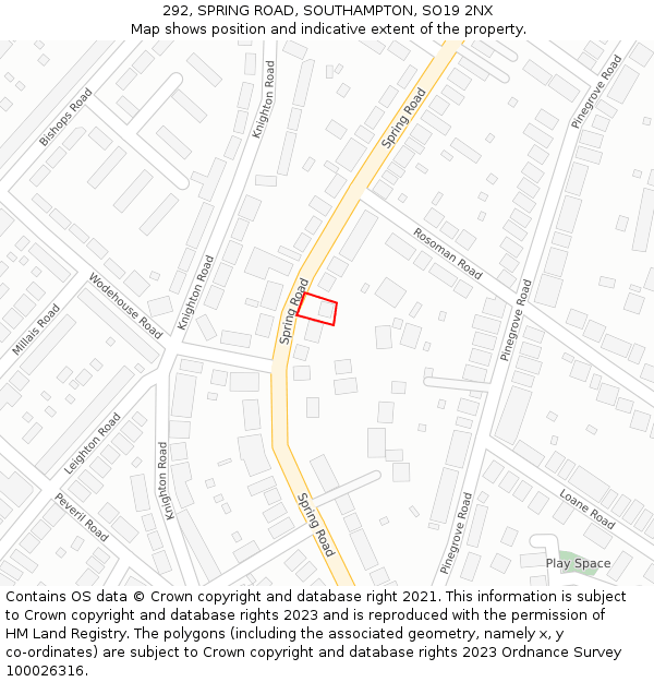 292, SPRING ROAD, SOUTHAMPTON, SO19 2NX: Location map and indicative extent of plot