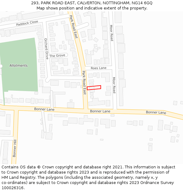 293, PARK ROAD EAST, CALVERTON, NOTTINGHAM, NG14 6GQ: Location map and indicative extent of plot