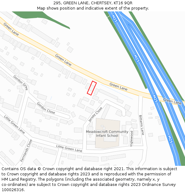 295, GREEN LANE, CHERTSEY, KT16 9QR: Location map and indicative extent of plot