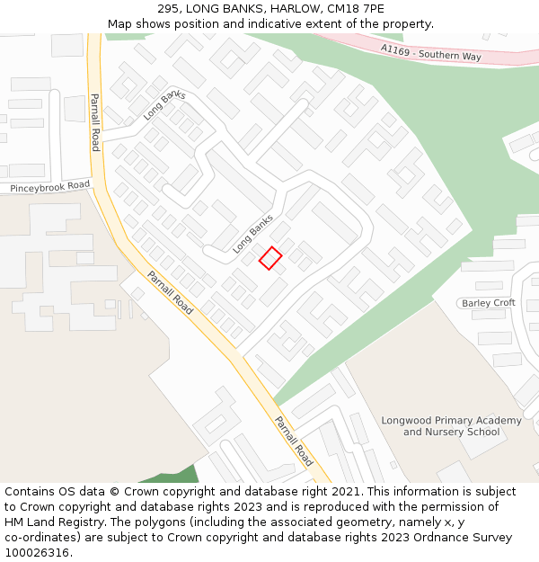 295, LONG BANKS, HARLOW, CM18 7PE: Location map and indicative extent of plot