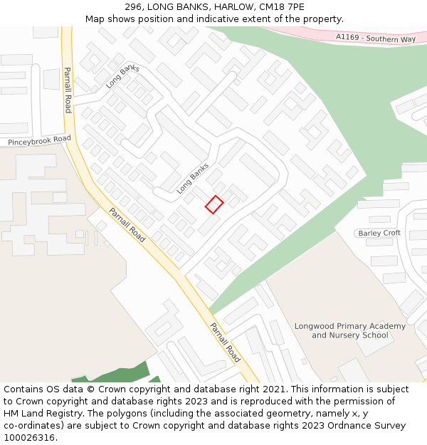 296, LONG BANKS, HARLOW, CM18 7PE: Location map and indicative extent of plot