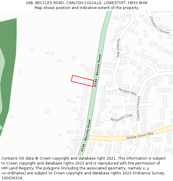 298, BECCLES ROAD, CARLTON COLVILLE, LOWESTOFT, NR33 8HW: Location map and indicative extent of plot