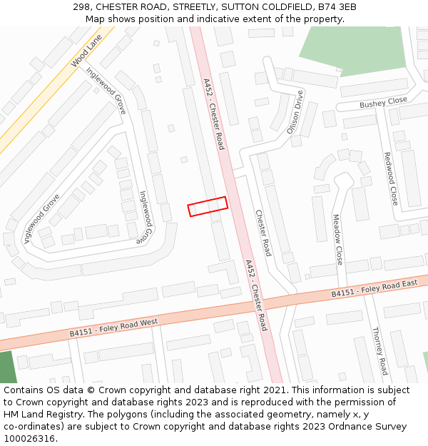 298, CHESTER ROAD, STREETLY, SUTTON COLDFIELD, B74 3EB: Location map and indicative extent of plot