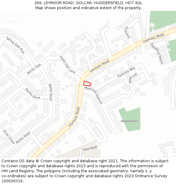299, LEYMOOR ROAD, GOLCAR, HUDDERSFIELD, HD7 4QL: Location map and indicative extent of plot