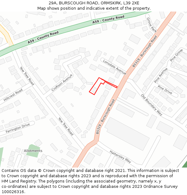 29A, BURSCOUGH ROAD, ORMSKIRK, L39 2XE: Location map and indicative extent of plot