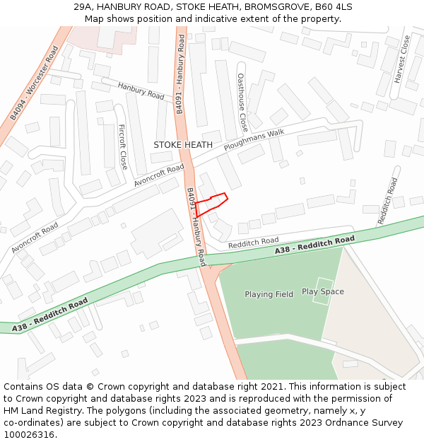 29A, HANBURY ROAD, STOKE HEATH, BROMSGROVE, B60 4LS: Location map and indicative extent of plot