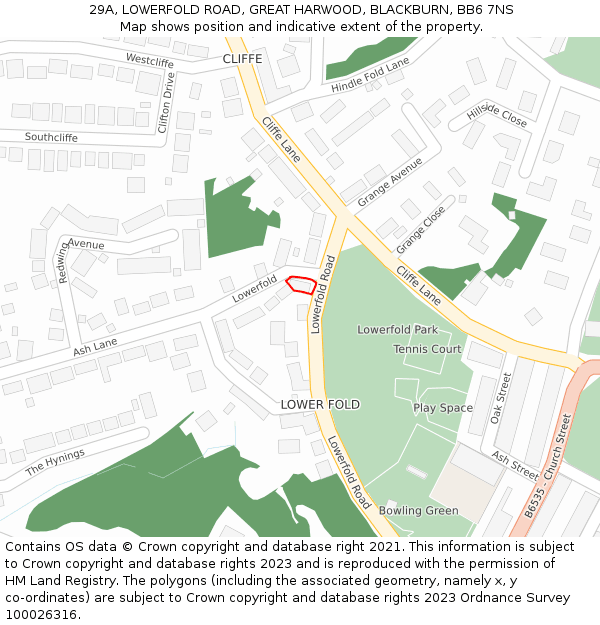 29A, LOWERFOLD ROAD, GREAT HARWOOD, BLACKBURN, BB6 7NS: Location map and indicative extent of plot