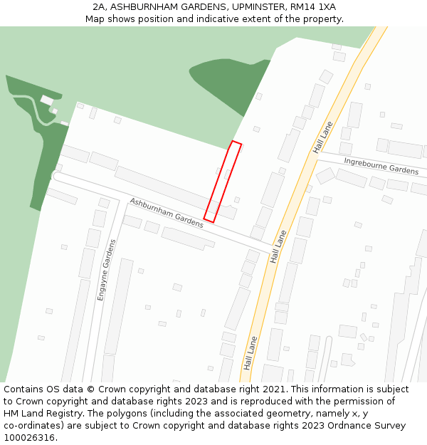 2A, ASHBURNHAM GARDENS, UPMINSTER, RM14 1XA: Location map and indicative extent of plot