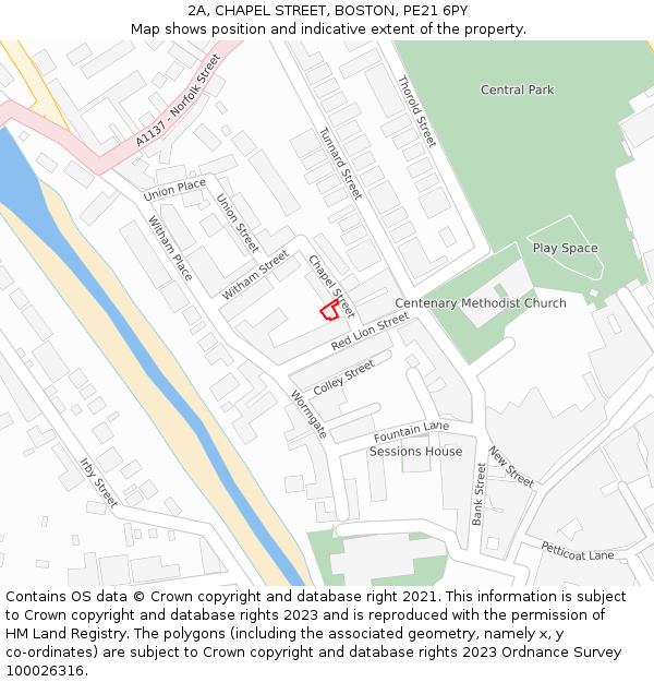 2A, CHAPEL STREET, BOSTON, PE21 6PY: Location map and indicative extent of plot