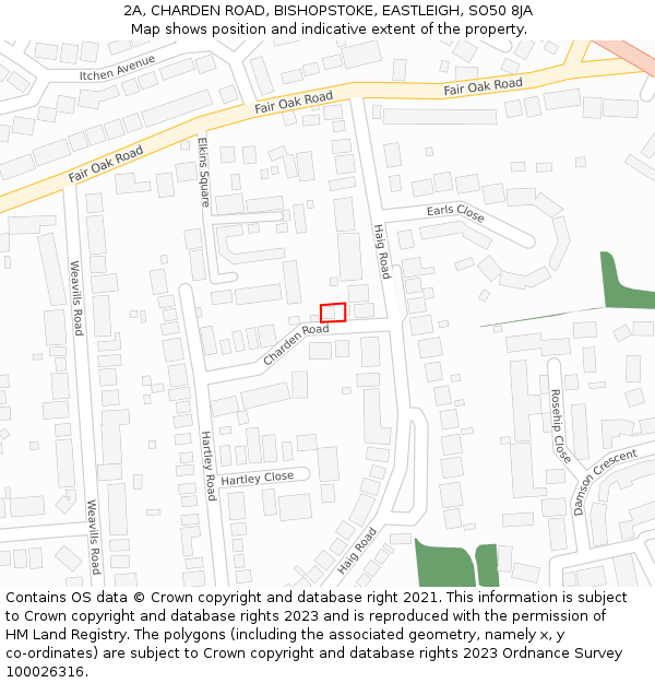 2A, CHARDEN ROAD, BISHOPSTOKE, EASTLEIGH, SO50 8JA: Location map and indicative extent of plot
