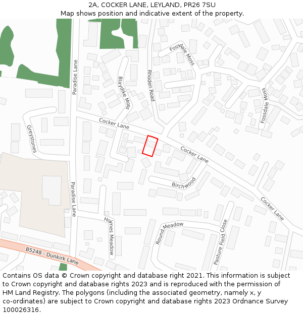 2A, COCKER LANE, LEYLAND, PR26 7SU: Location map and indicative extent of plot