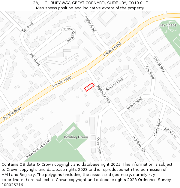 2A, HIGHBURY WAY, GREAT CORNARD, SUDBURY, CO10 0HE: Location map and indicative extent of plot