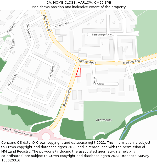2A, HOME CLOSE, HARLOW, CM20 3PB: Location map and indicative extent of plot