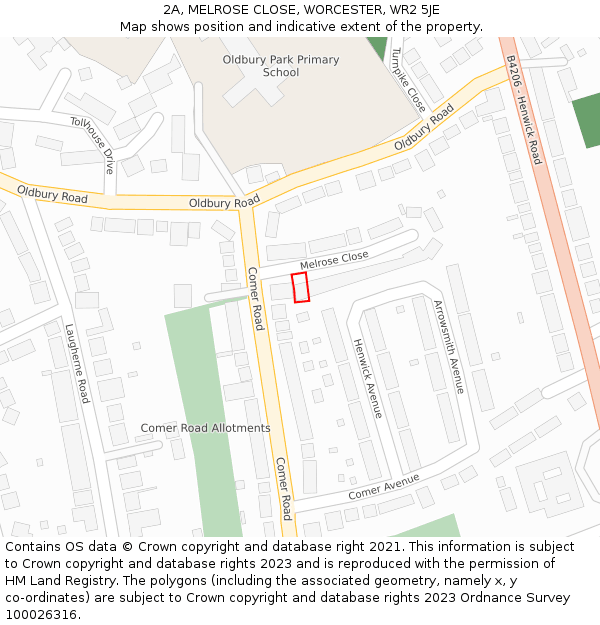 2A, MELROSE CLOSE, WORCESTER, WR2 5JE: Location map and indicative extent of plot