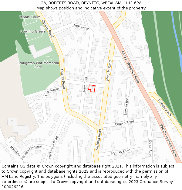 2A, ROBERTS ROAD, BRYNTEG, WREXHAM, LL11 6PA: Location map and indicative extent of plot