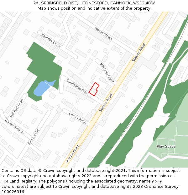 2A, SPRINGFIELD RISE, HEDNESFORD, CANNOCK, WS12 4DW: Location map and indicative extent of plot