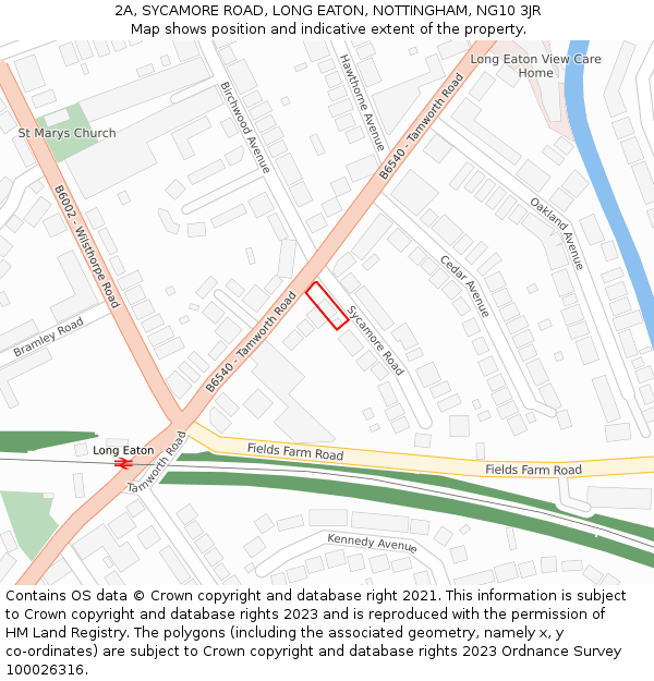 2A, SYCAMORE ROAD, LONG EATON, NOTTINGHAM, NG10 3JR: Location map and indicative extent of plot