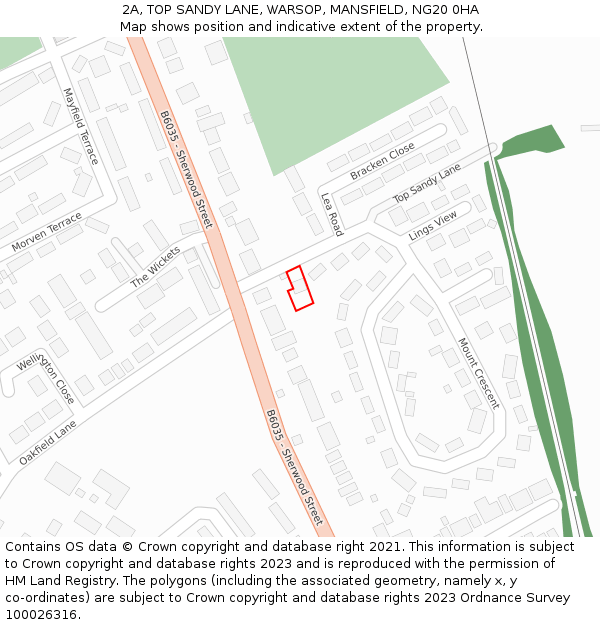 2A, TOP SANDY LANE, WARSOP, MANSFIELD, NG20 0HA: Location map and indicative extent of plot