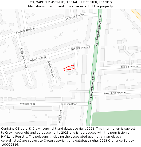 2B, OAKFIELD AVENUE, BIRSTALL, LEICESTER, LE4 3DQ: Location map and indicative extent of plot