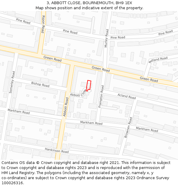 3, ABBOTT CLOSE, BOURNEMOUTH, BH9 1EX: Location map and indicative extent of plot