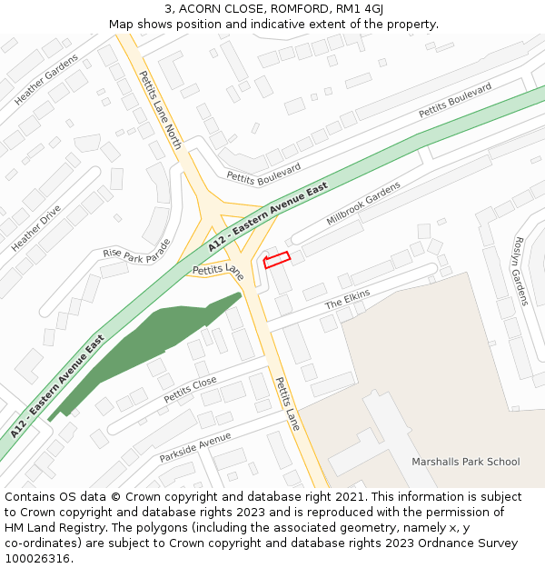 3, ACORN CLOSE, ROMFORD, RM1 4GJ: Location map and indicative extent of plot