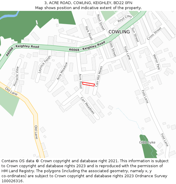 3, ACRE ROAD, COWLING, KEIGHLEY, BD22 0FN: Location map and indicative extent of plot