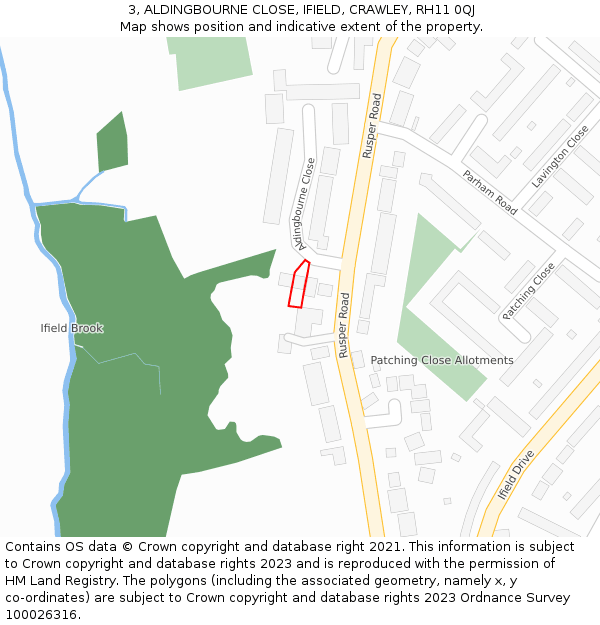 3, ALDINGBOURNE CLOSE, IFIELD, CRAWLEY, RH11 0QJ: Location map and indicative extent of plot