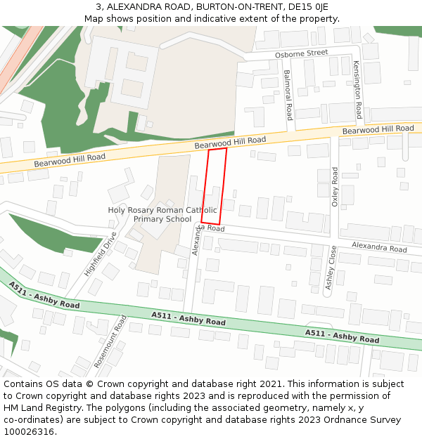 3, ALEXANDRA ROAD, BURTON-ON-TRENT, DE15 0JE: Location map and indicative extent of plot