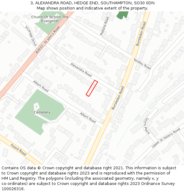 3, ALEXANDRA ROAD, HEDGE END, SOUTHAMPTON, SO30 0DN: Location map and indicative extent of plot