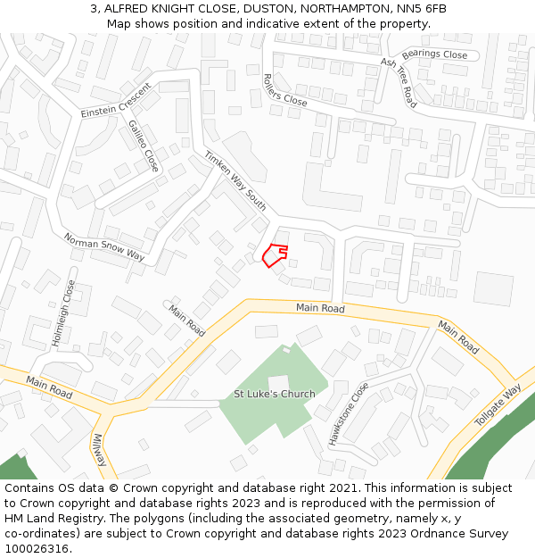 3, ALFRED KNIGHT CLOSE, DUSTON, NORTHAMPTON, NN5 6FB: Location map and indicative extent of plot
