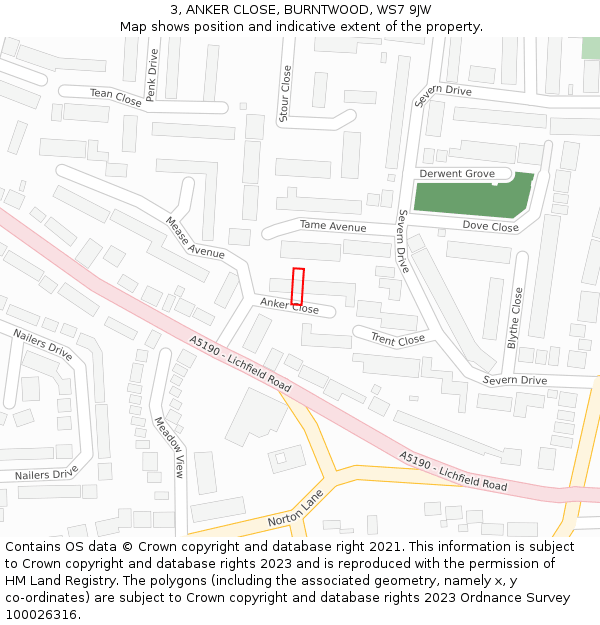 3, ANKER CLOSE, BURNTWOOD, WS7 9JW: Location map and indicative extent of plot