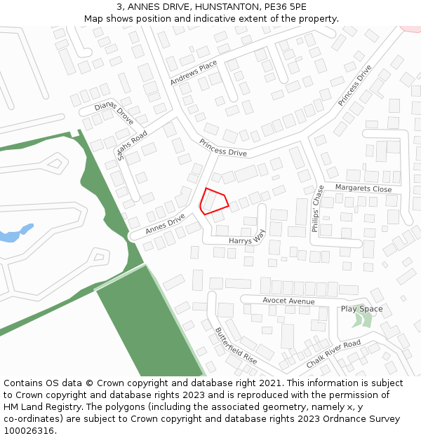 3, ANNES DRIVE, HUNSTANTON, PE36 5PE: Location map and indicative extent of plot
